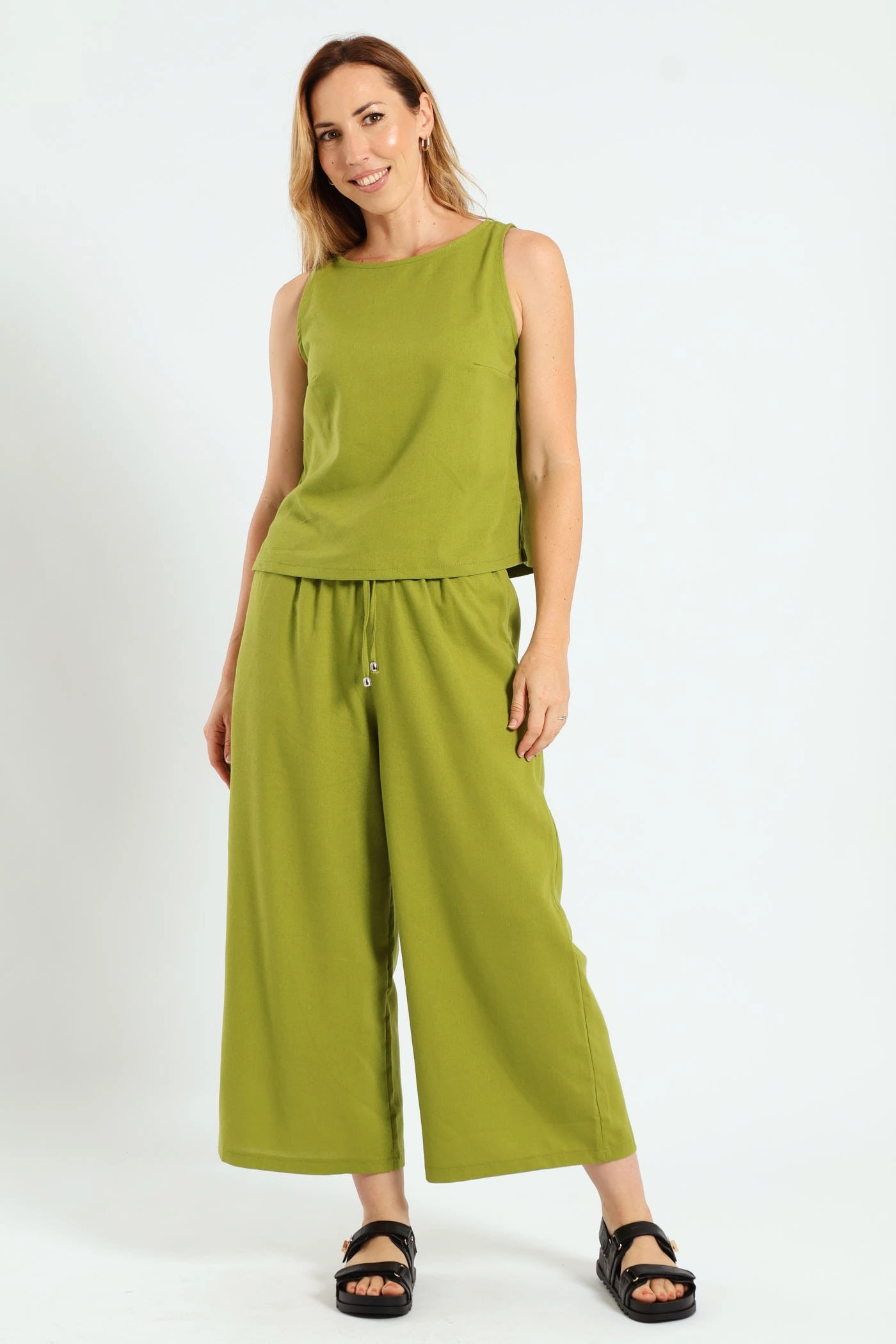 Curved Hem Linen Shell Tank Top - Avocado