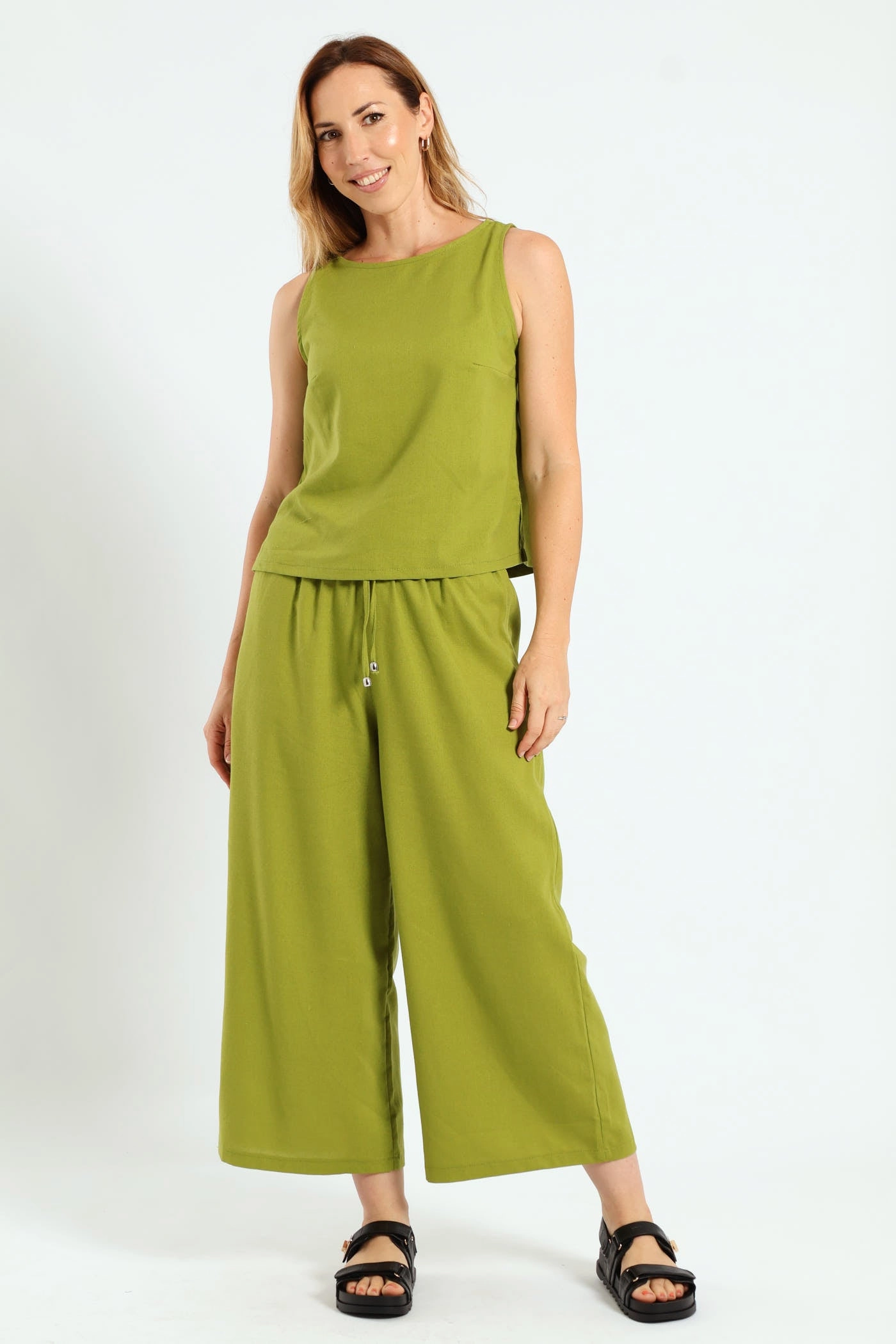 Curved Hem Linen Shell Tank Top - Avocado