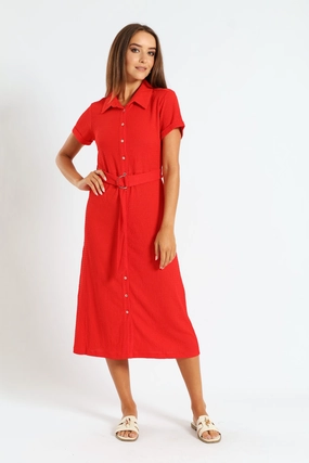 D-Ring Crinkle Midi Shirt Dress - Fiery Red Fashion collections Wool - sourced fashion