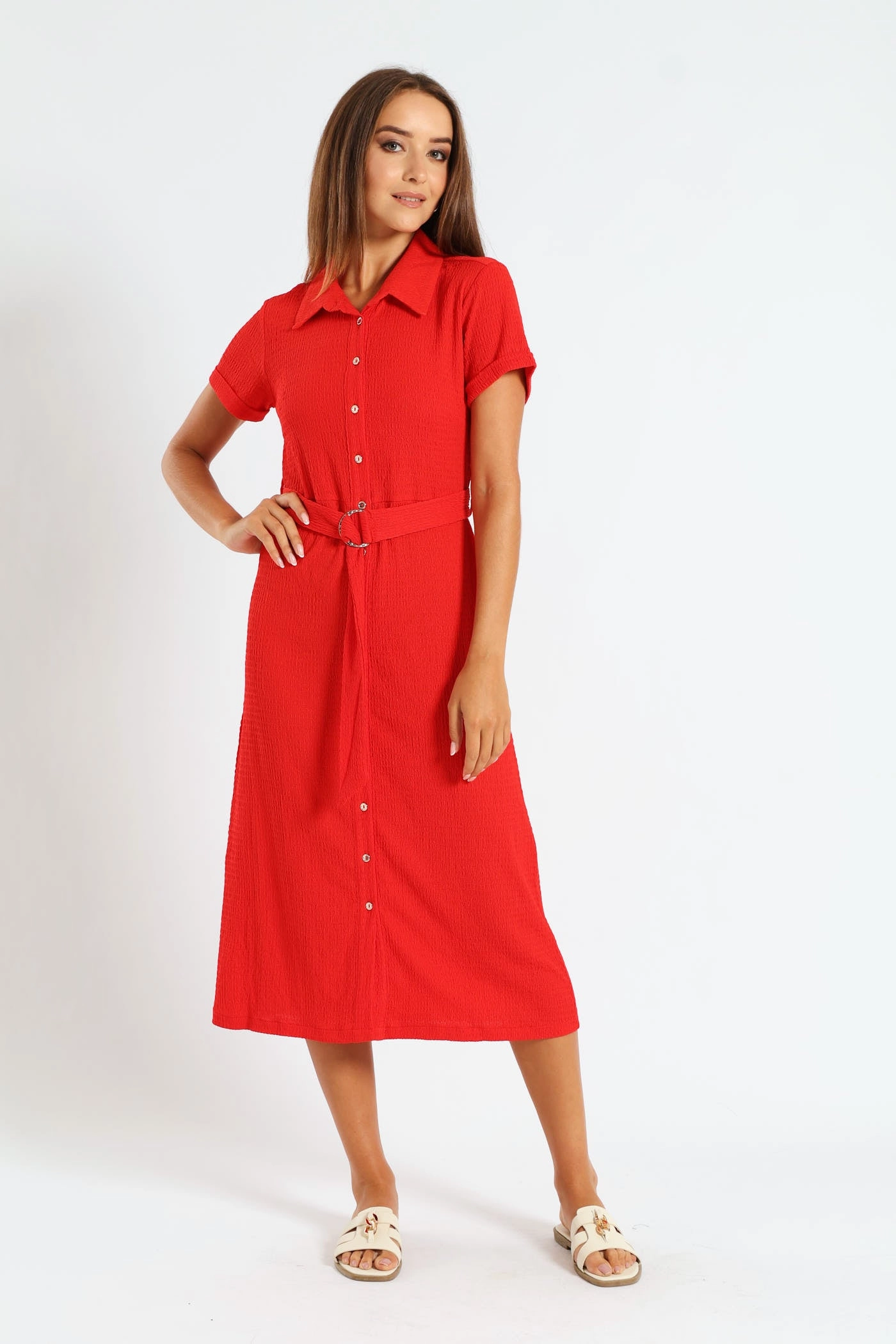 D-Ring Crinkle Midi Shirt Dress - Fiery Red Fashion collections Wool - sourced fashion