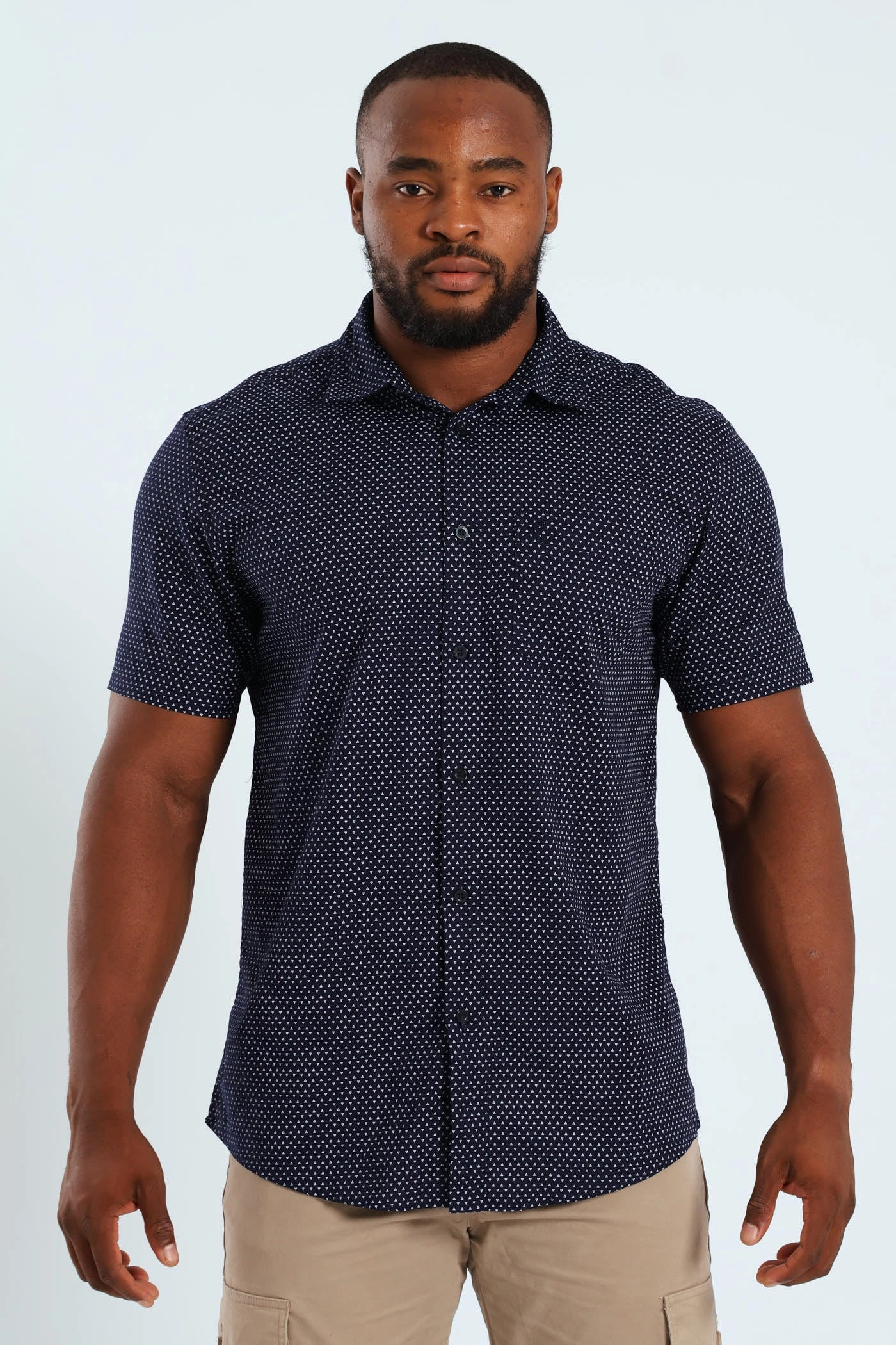 Diamond Geo Print Shirt - Navy Beaded fashion items Everyday wear