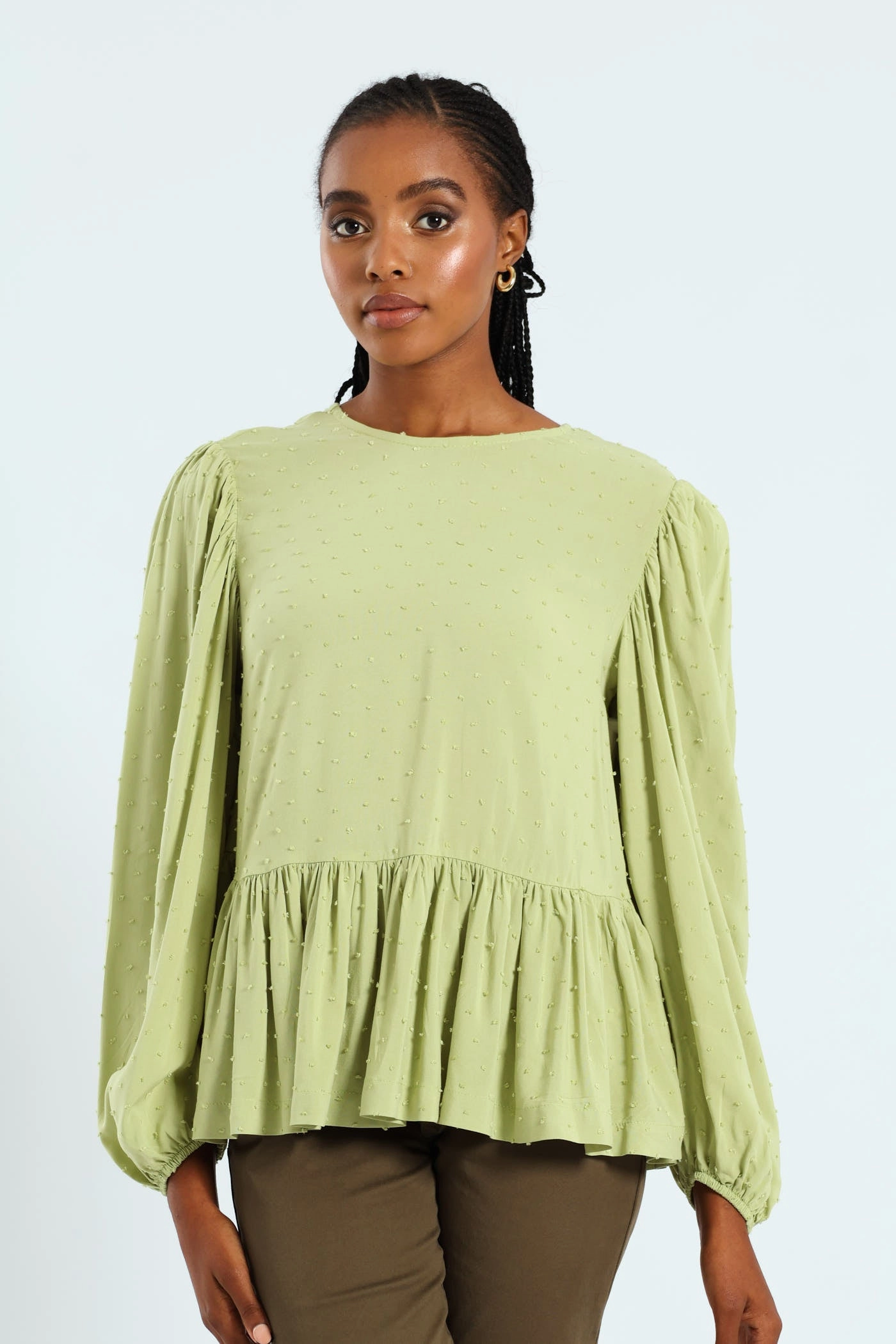 Dobby Clip Spot Popover Babydoll Blouse - Matcha