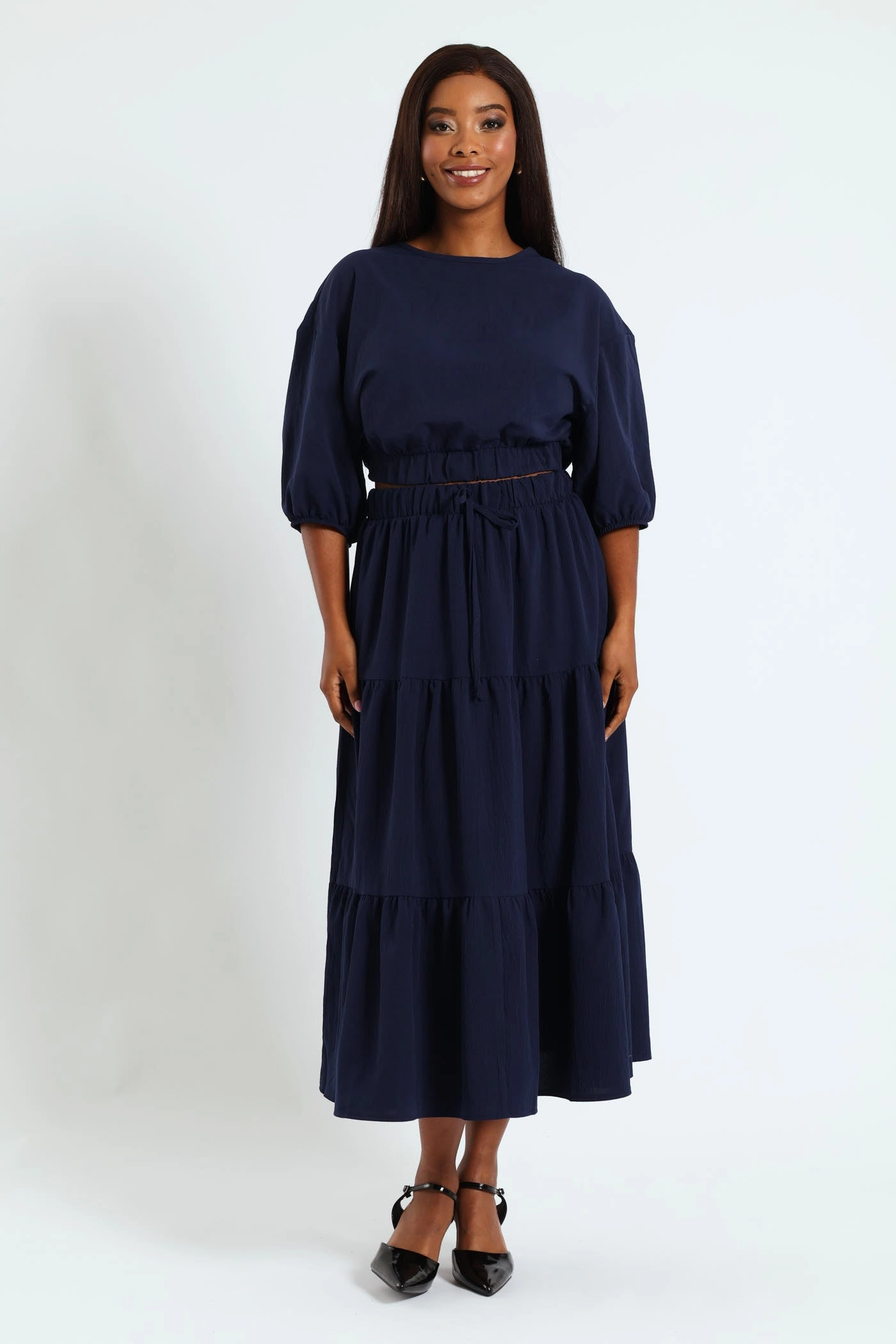 Dolman Bubble Sleeve Waisted Top - Navy