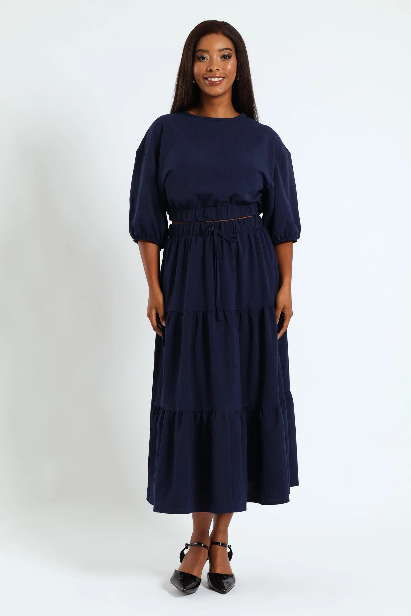 Dolman Bubble Sleeve Waisted Top - Navy
