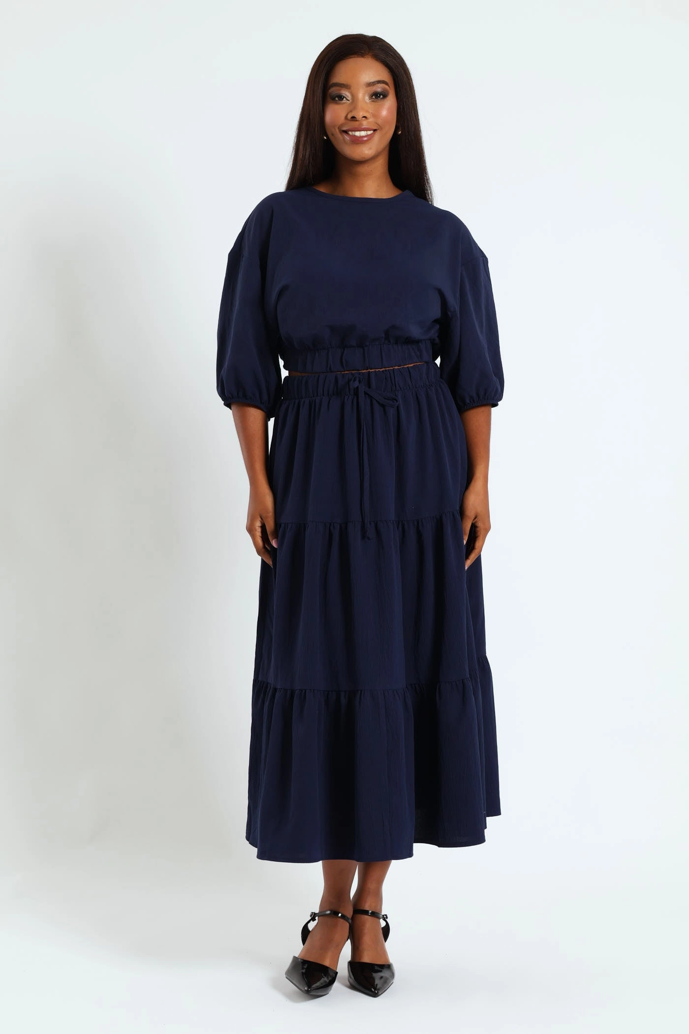 Dolman Bubble Sleeve Waisted Top - Navy