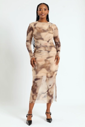 Drape Detail Mesh Midi Dress - Cream Wool - sourced fashion Comfortable apparel