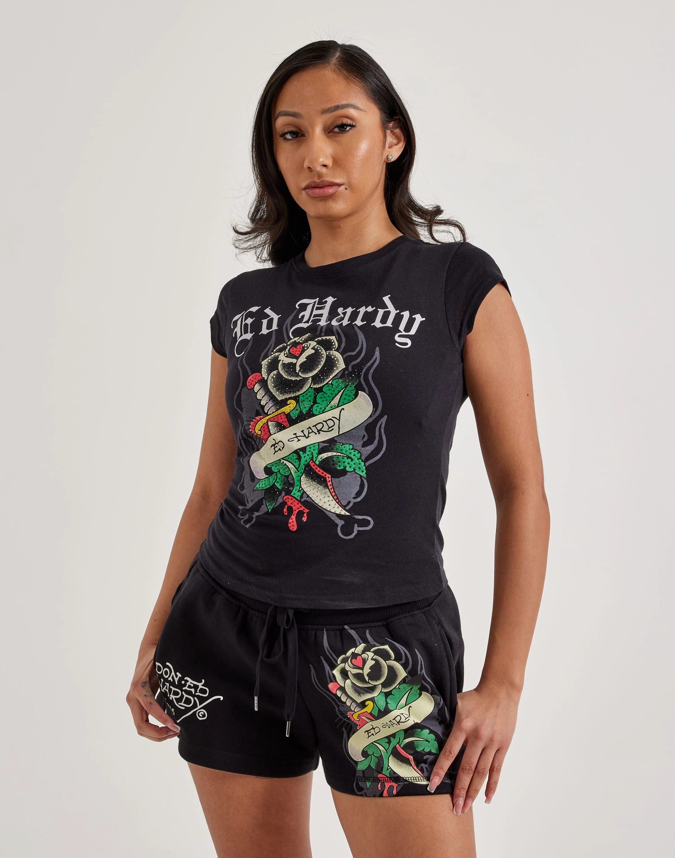 Ed Hardy Black Rose Rhinestone Cap Sleeve Tee Style statements Runway fashion