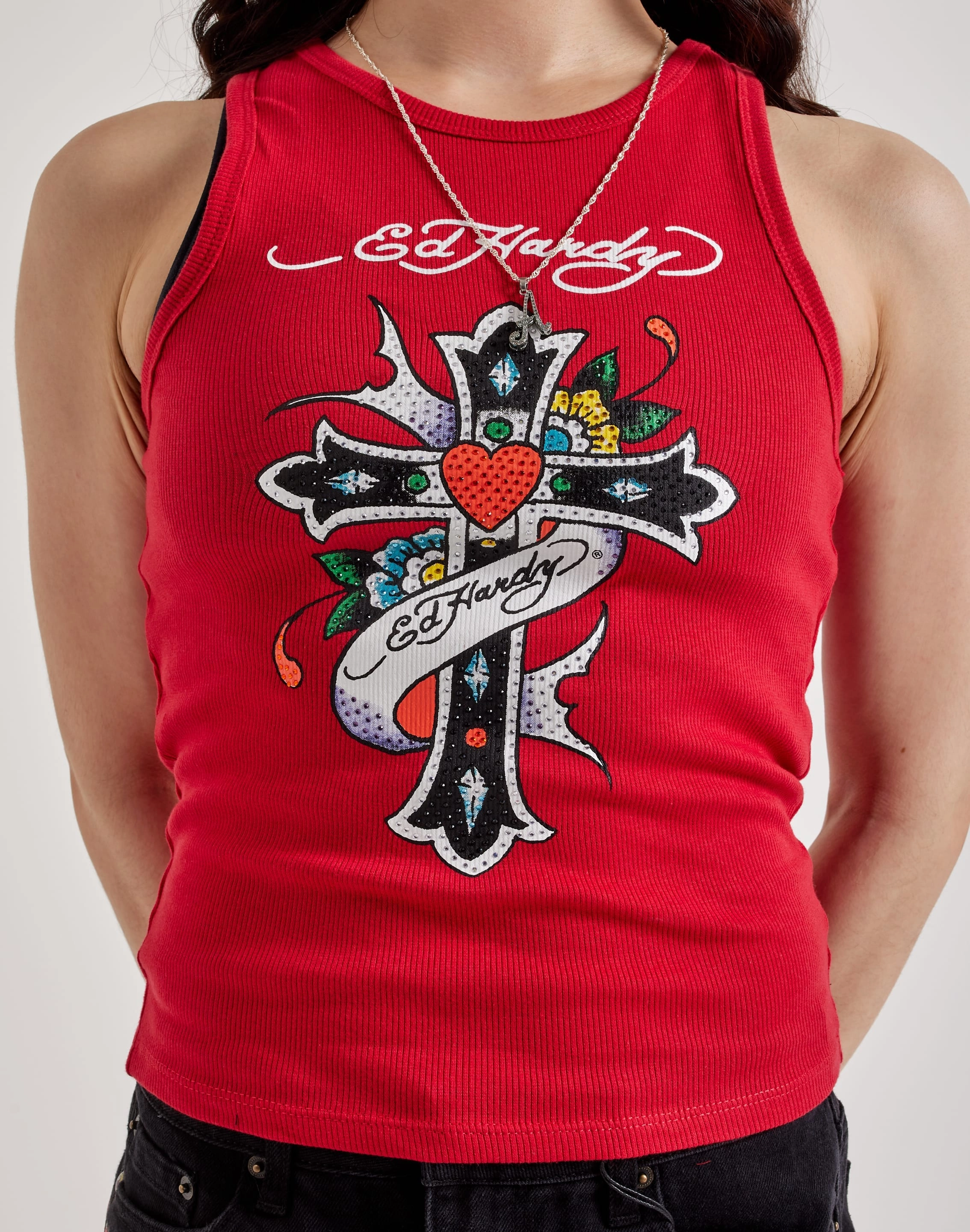Ed Hardy Cross Rhinestone Rib Tank Top Workwear options