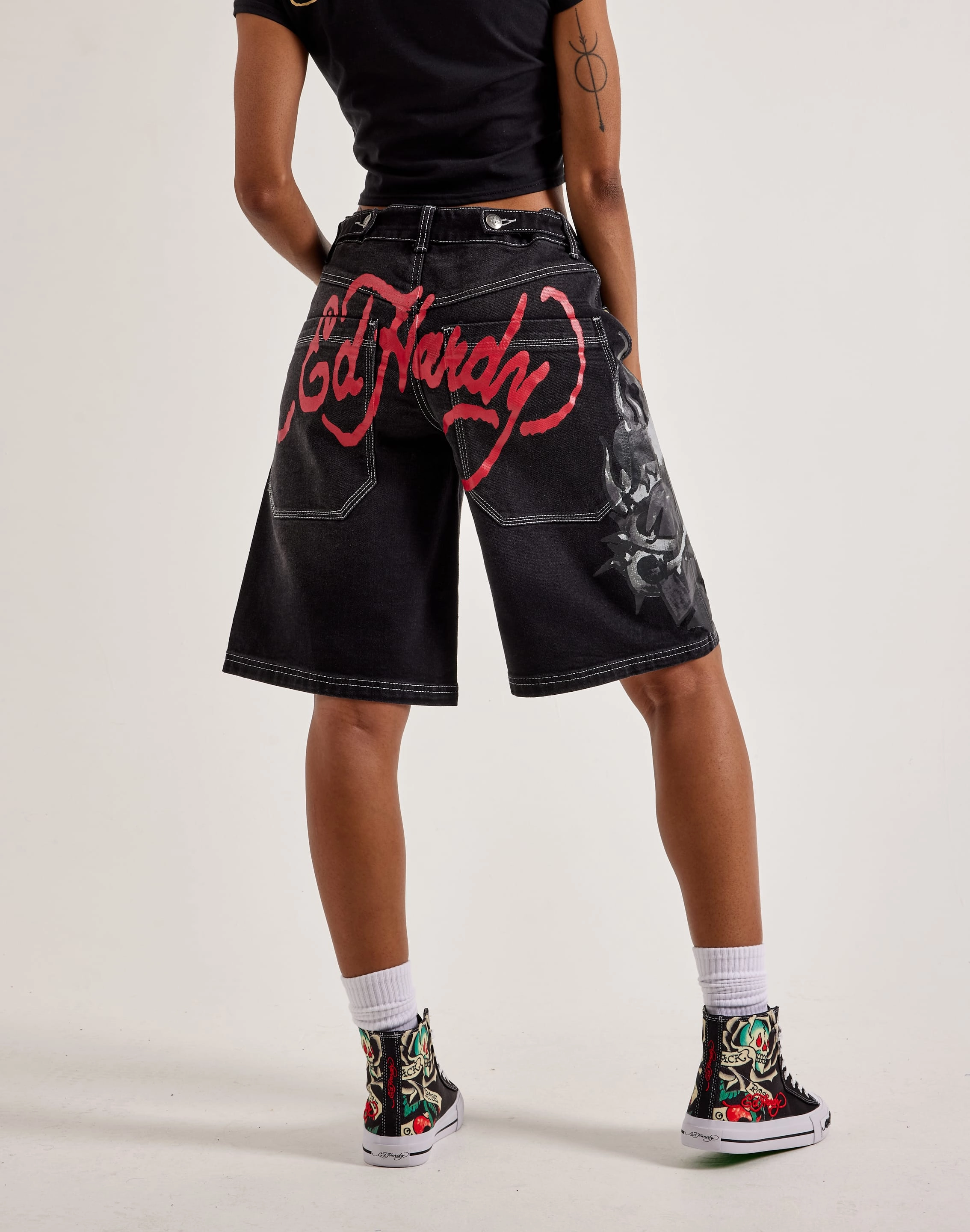 Ed Hardy Sacred Heart Denim Shorts Wool - sourced fashion