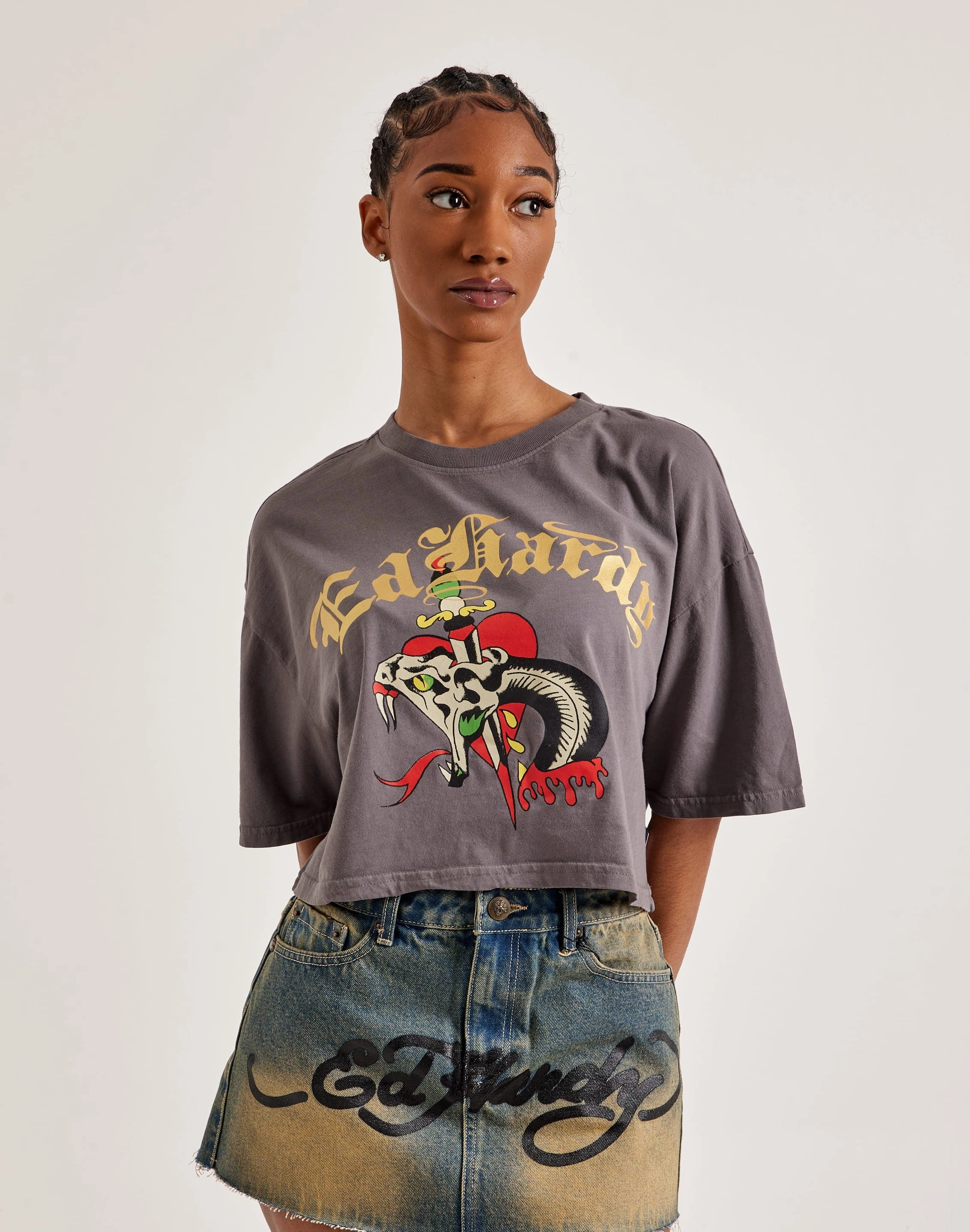Trendy gear Ed Hardy Snake Heart Boxy Cropped Tee Best - selling fashion