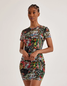 Ed Hardy Tattoo Collage Mesh Tee Dress High - end fashion Formal wear selections