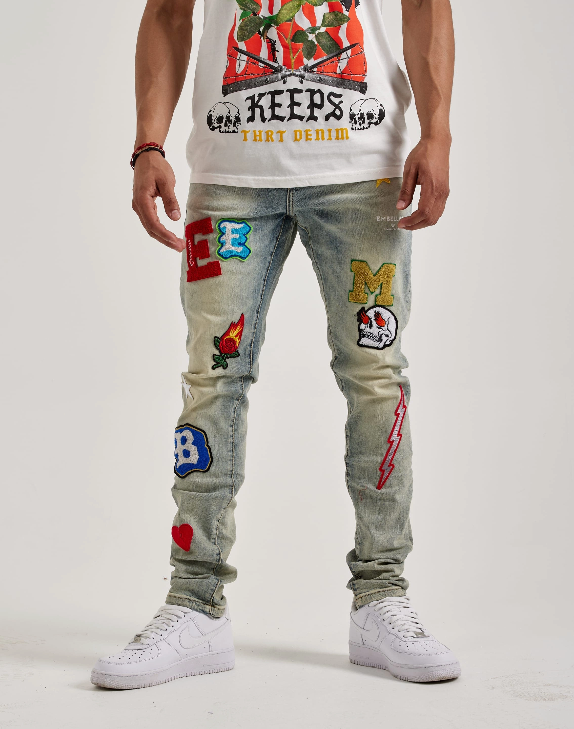 Embellish Nyc Animated Letters Denim Jeans Military - inspired fashion Spandex - incorporated fashion