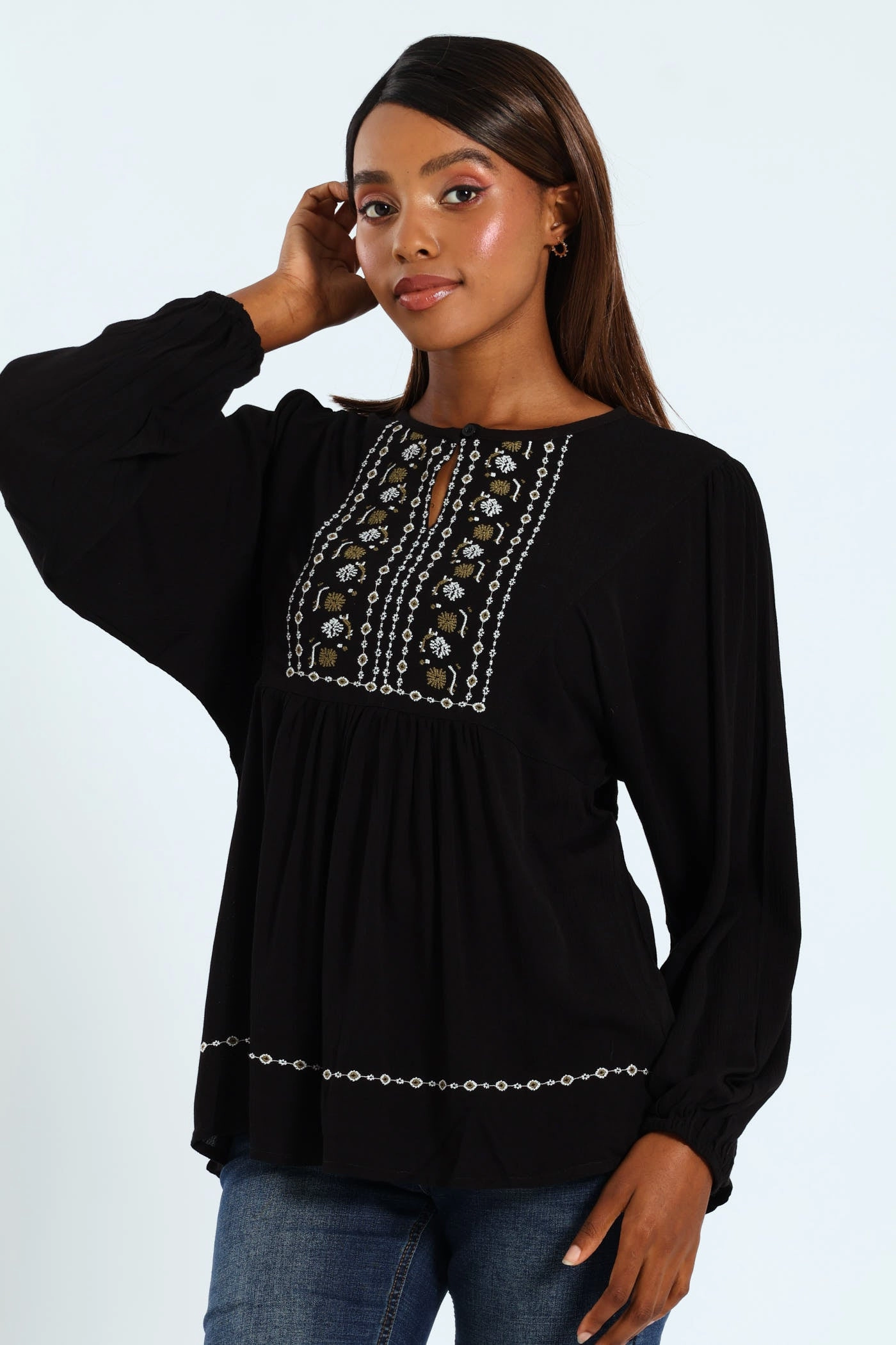 Embroidered Detail Boho Blouse - Black