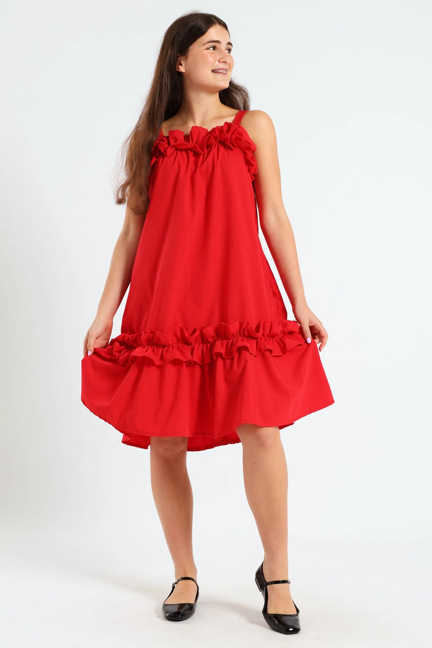 Girls Drop Tier Frilly Dress - Red Denim products Style statements