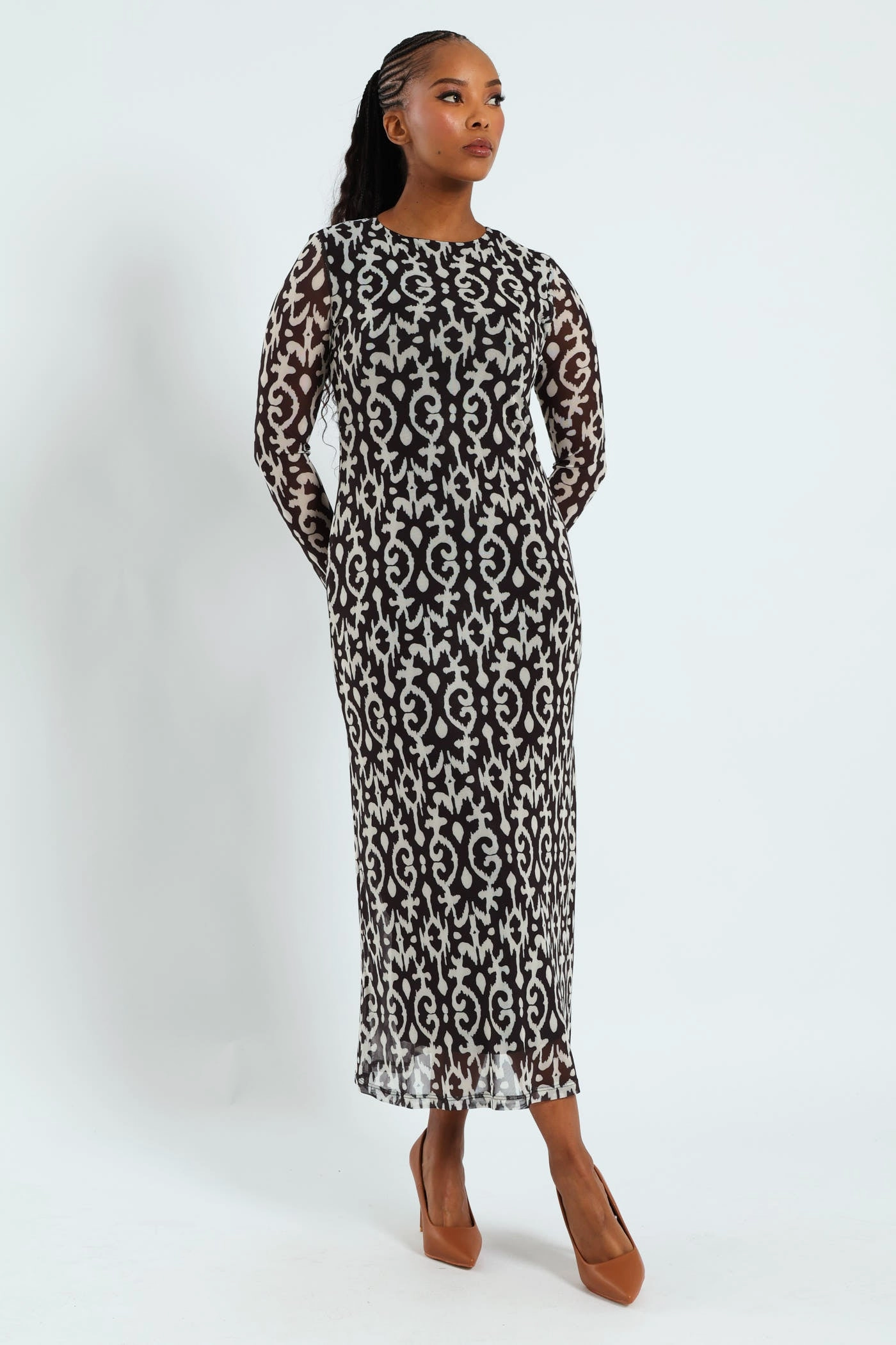 Everyday wear Printed Mesh A-Line Maxi Dress - Black/Cream Bohemian style items