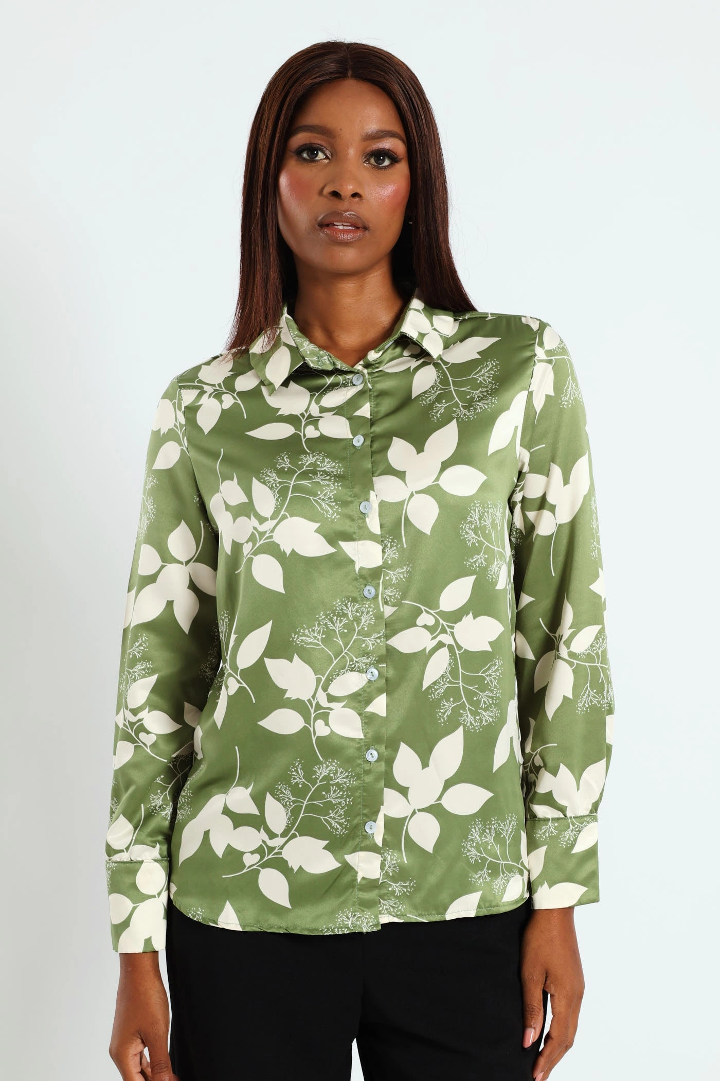 Floral Satin Shirt - Green Bohemian style items Wardrobe staples