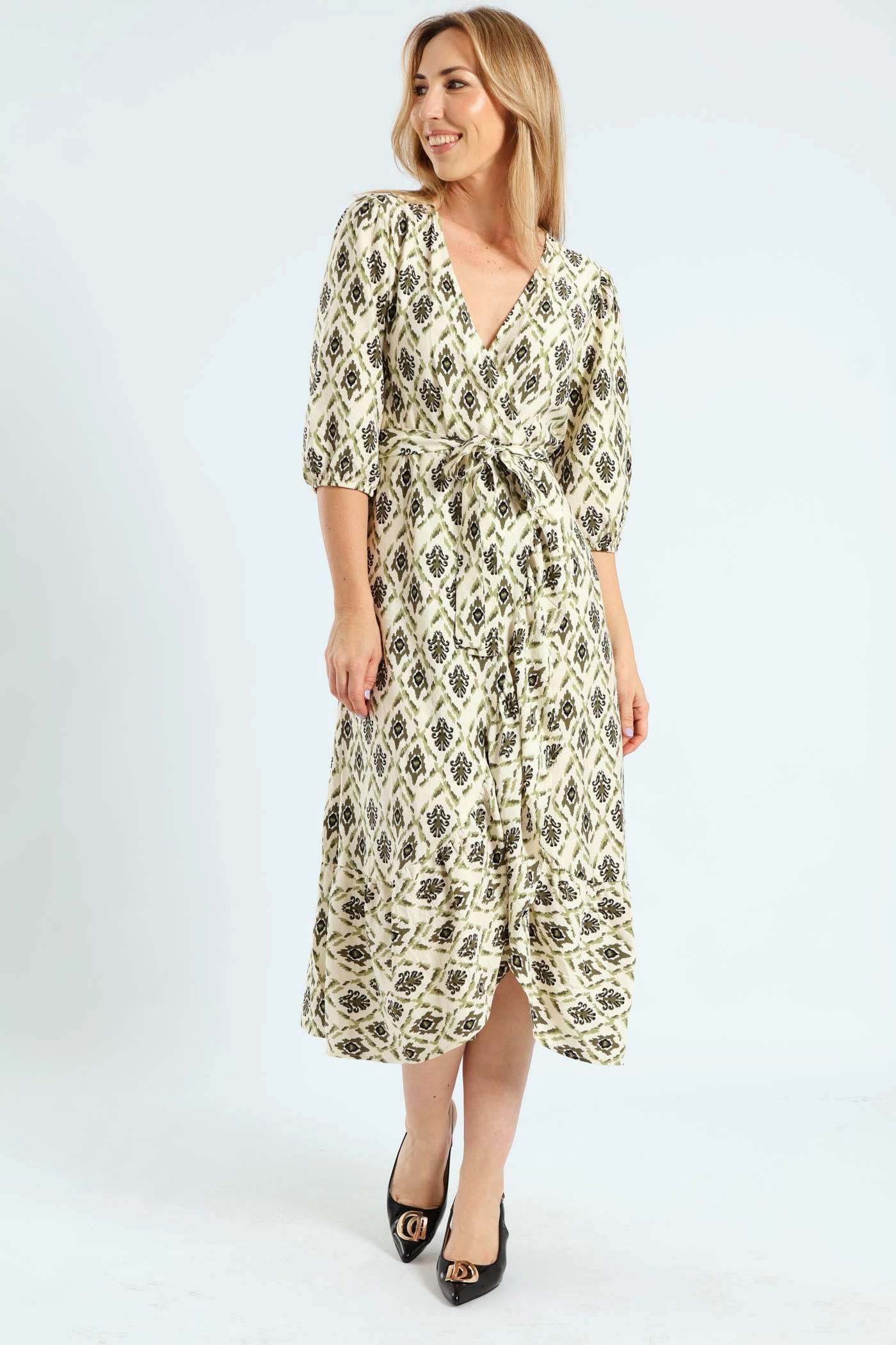 Free shipping offers 3/4 Sleeve Mock Wrap Frill Hem Midi Dress - Fatigue/Stone Workwear options