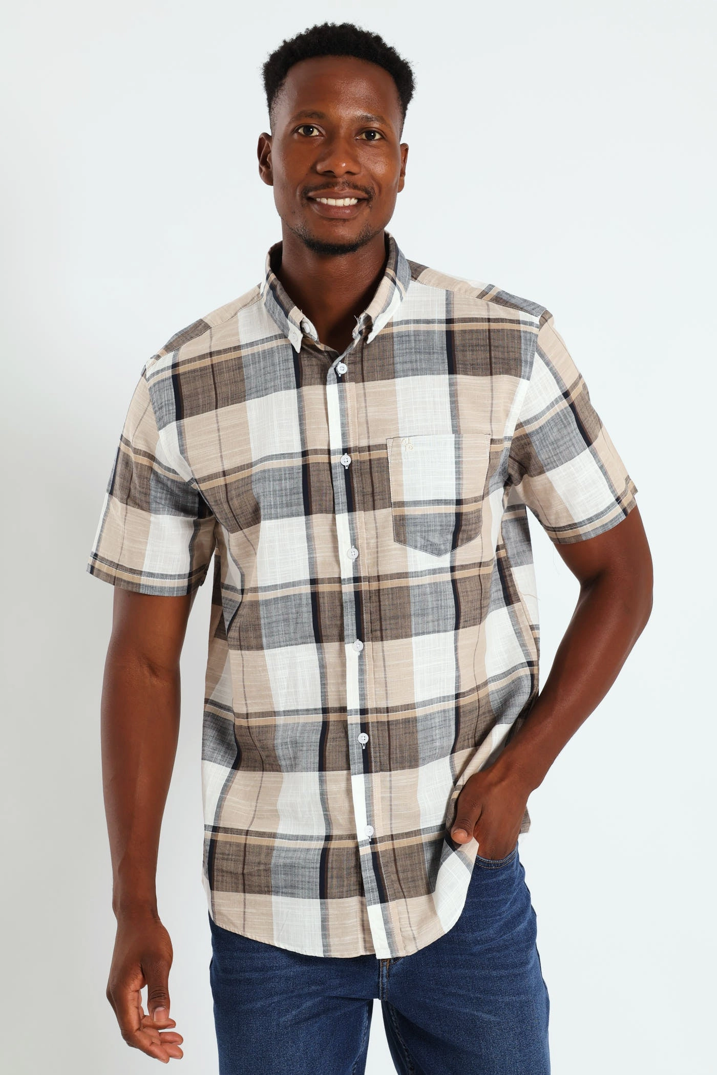 Button Down Slub Check Shirt - White Free shipping offers Fashion forecasting