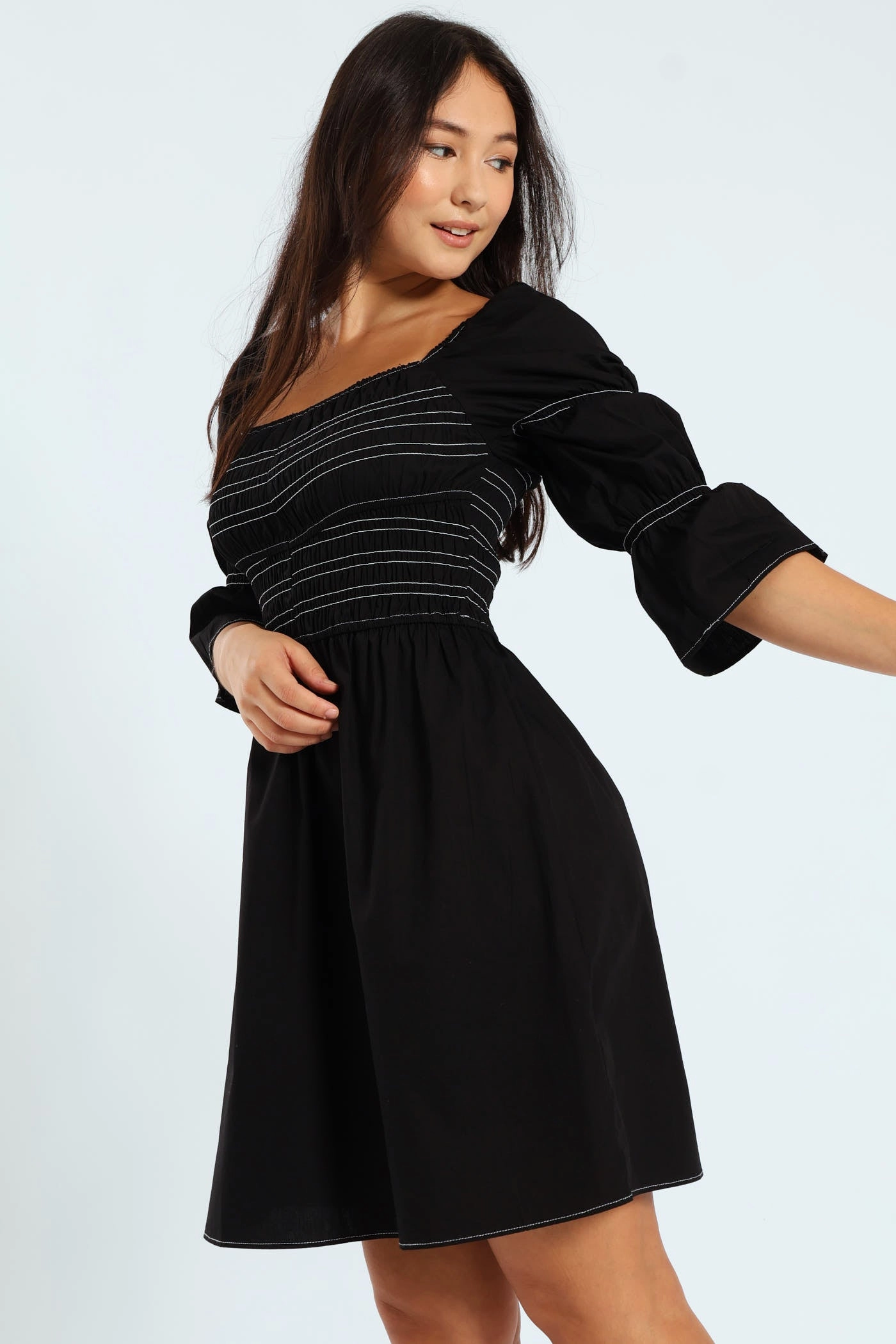 Clearance fashion 3/4 Center Stitch Smocked Mini Dress Sustainable fashion