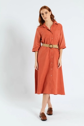 Fashion bloggers' picks 3/4 Sleeve Raffia Belt Midaxi Shirt Dress - Terracotta Casual wear options
