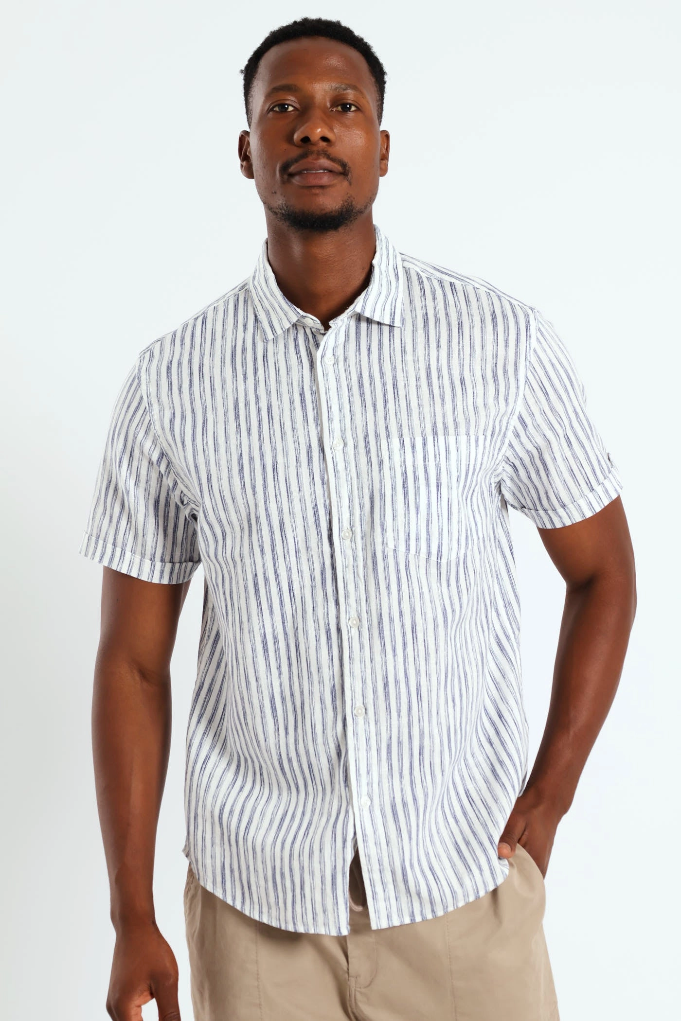 Luxury fashion items Short Sleeve Stripe Shirt - White/Blue Smart casual wear