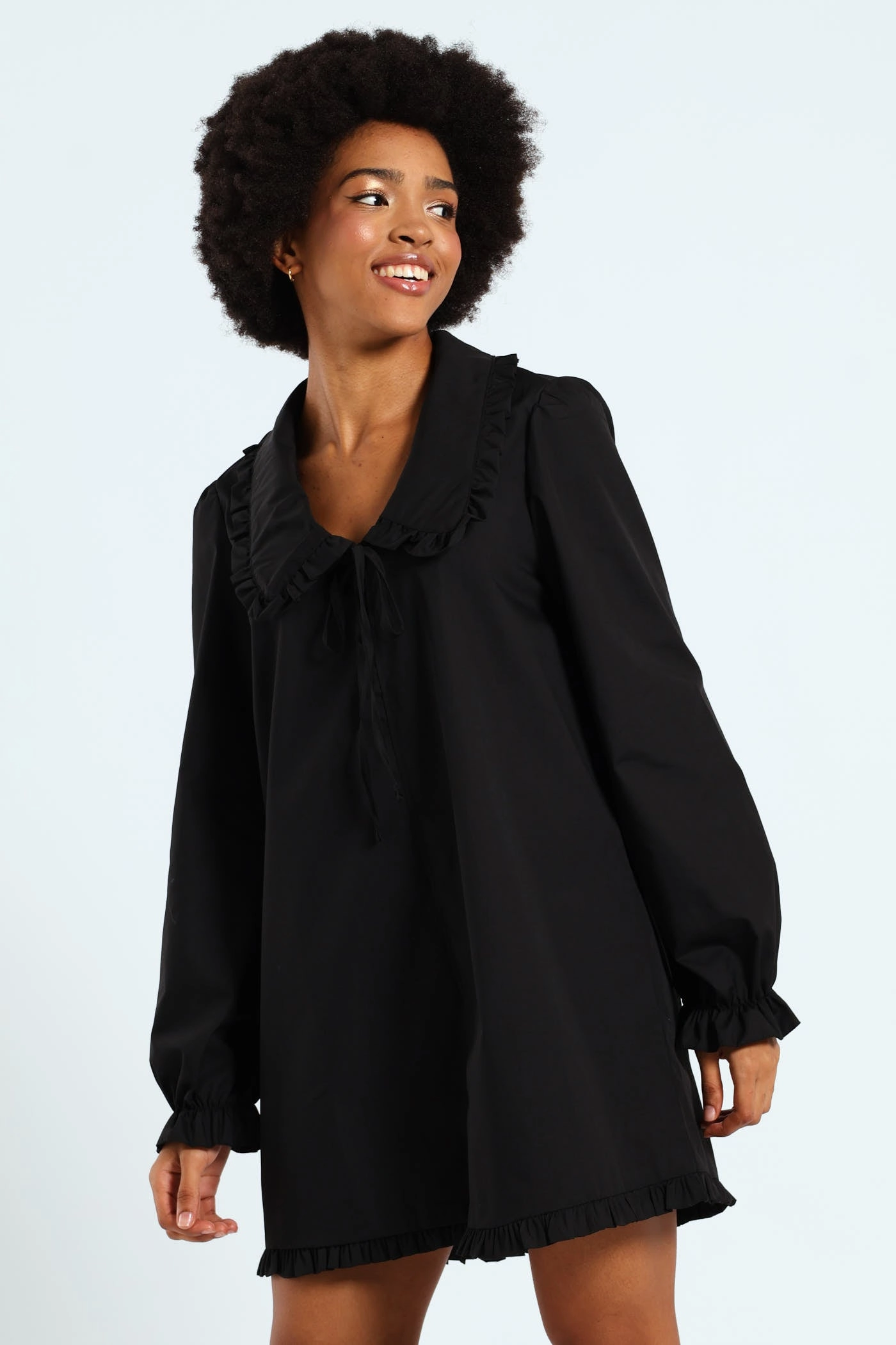 Activewear gear Collared Frill Hem Mini Dress - Black High - end fashion