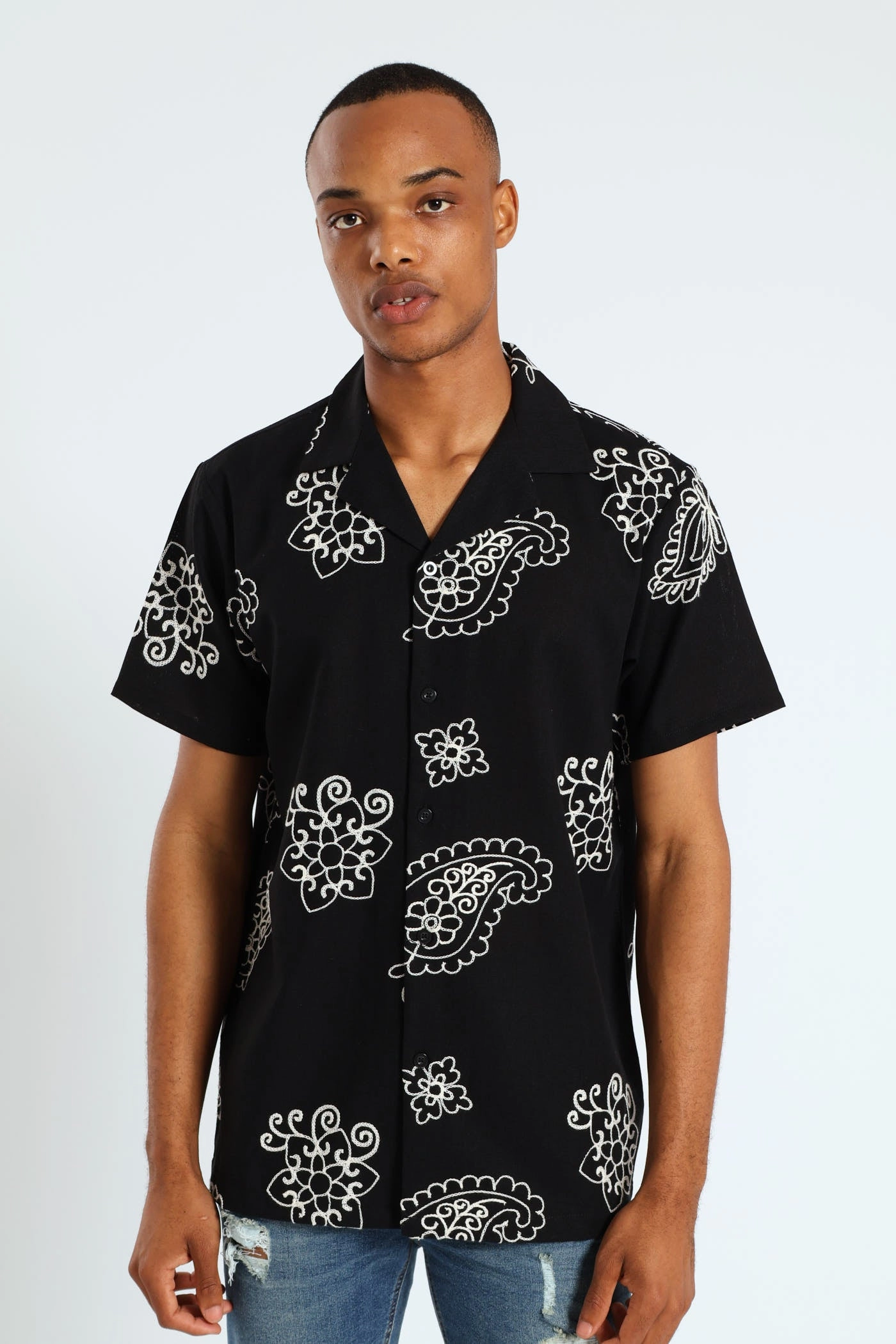 Bandana Paisley Embroidery Shirt - Black Fashion models Denim - based fashion