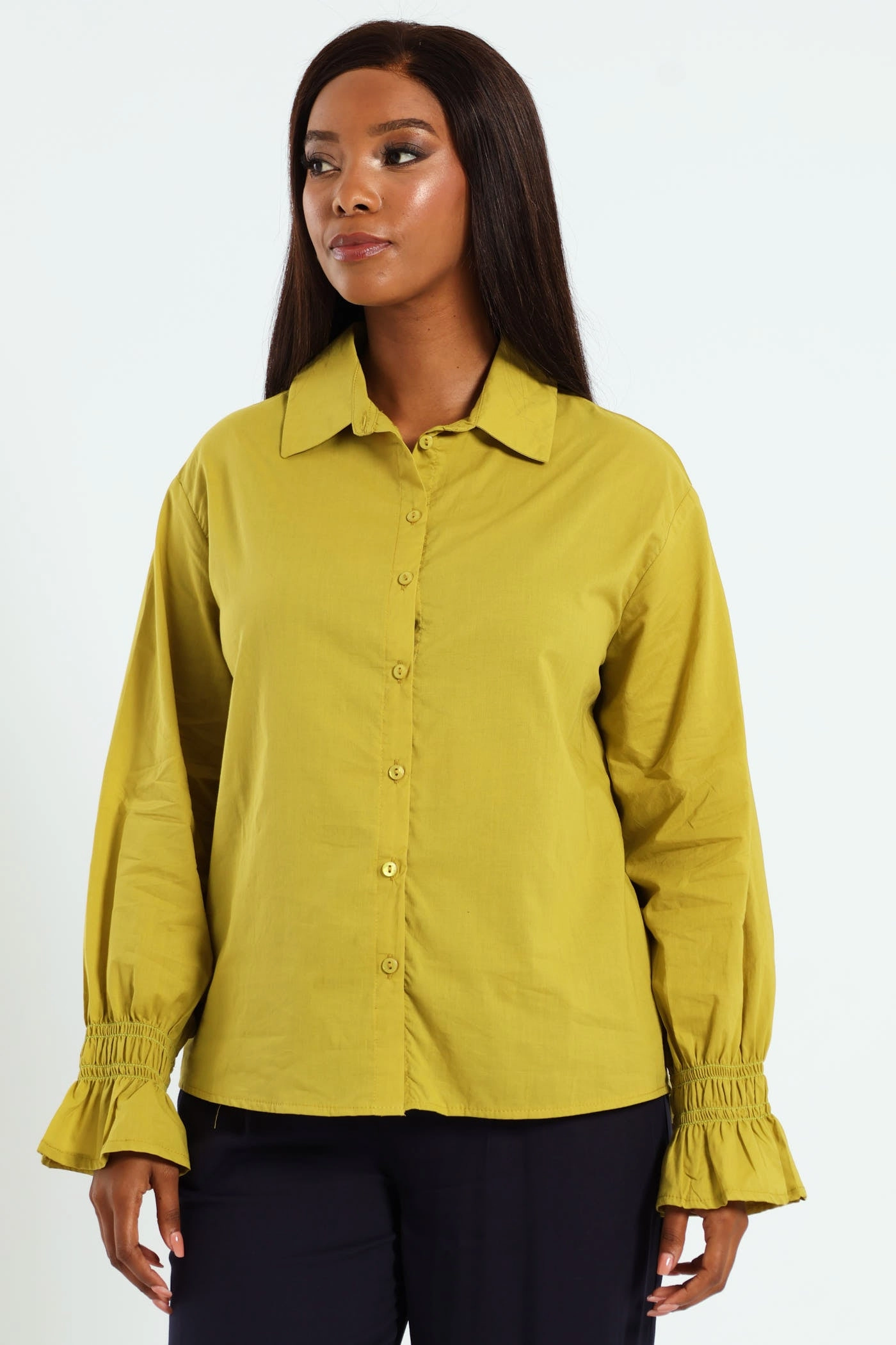Long Sleeve Shirred Cuff Voile Shirt - Chartreuse Party wear Linen - crafted fashion