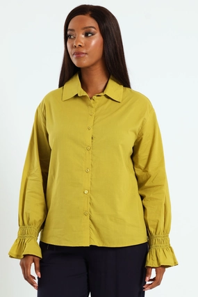 Fashion exhibitions Long Sleeve Shirred Cuff Voile Shirt - Chartreuse Fashion trends by region