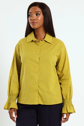 Fashion exhibitions Long Sleeve Shirred Cuff Voile Shirt - Chartreuse Fashion trends by region