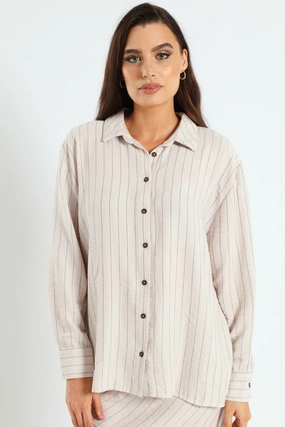 Fashion exhibitions Long Sleeve Vertical Stripe Linen Shirt - Cream/Black Ethical fashion choices