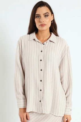 Fashion exhibitions Long Sleeve Vertical Stripe Linen Shirt - Cream/Black Ethical fashion choices