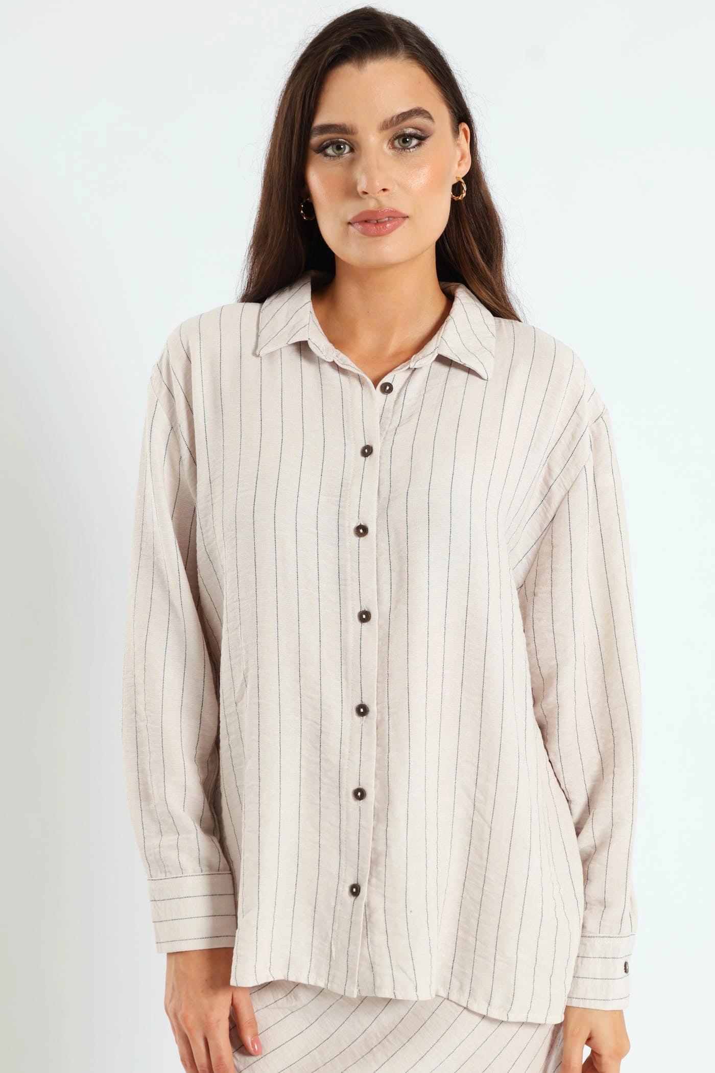 Long Sleeve Vertical Stripe Linen Shirt - Cream/Black Linen - crafted fashion Business casual wear