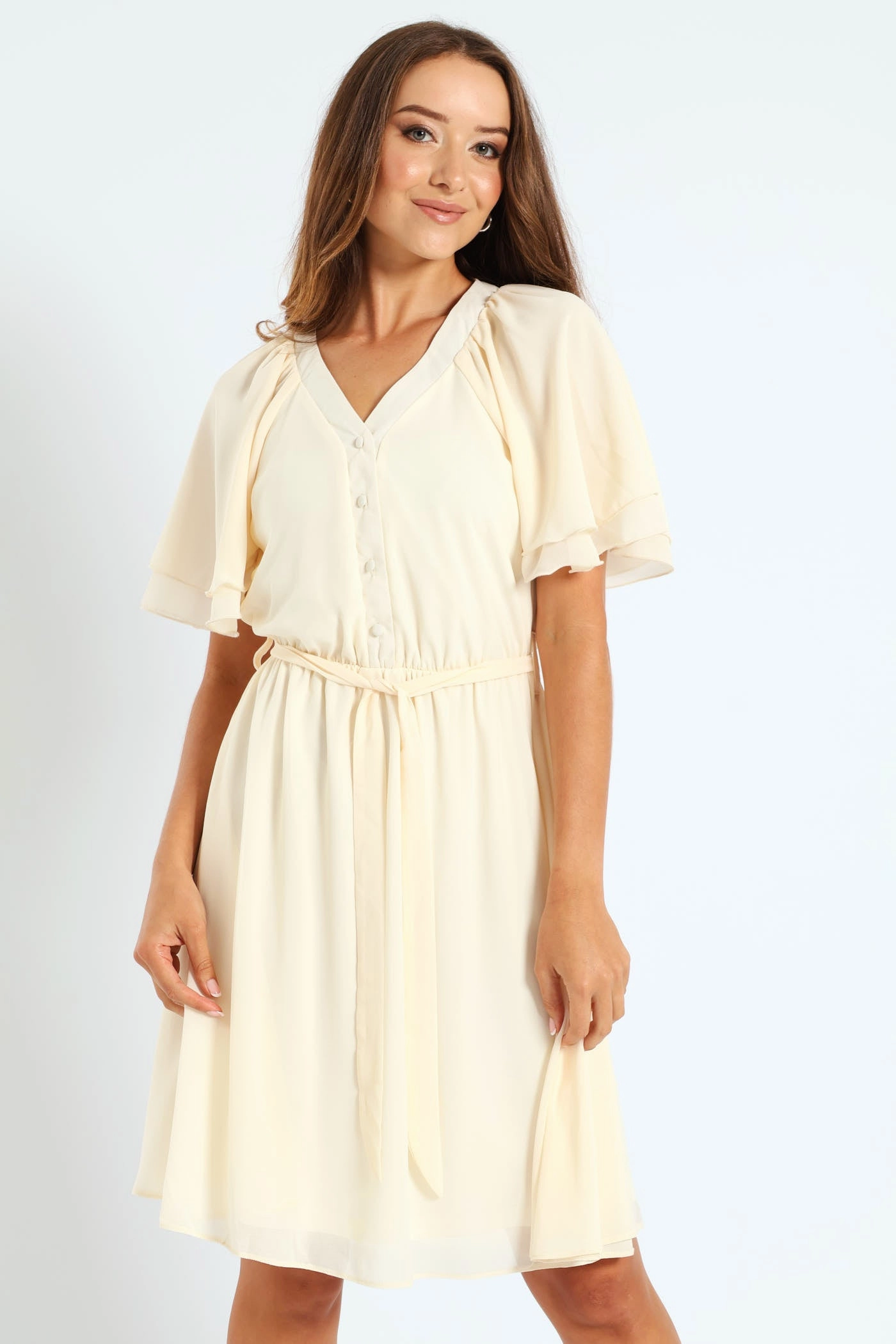 Fashion exhibitions V-Neck Flutter Sleeve Belted Tea Dress - Cream Free shipping offers