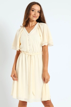 Fashion exhibitions V-Neck Flutter Sleeve Belted Tea Dress - Cream Free shipping offers