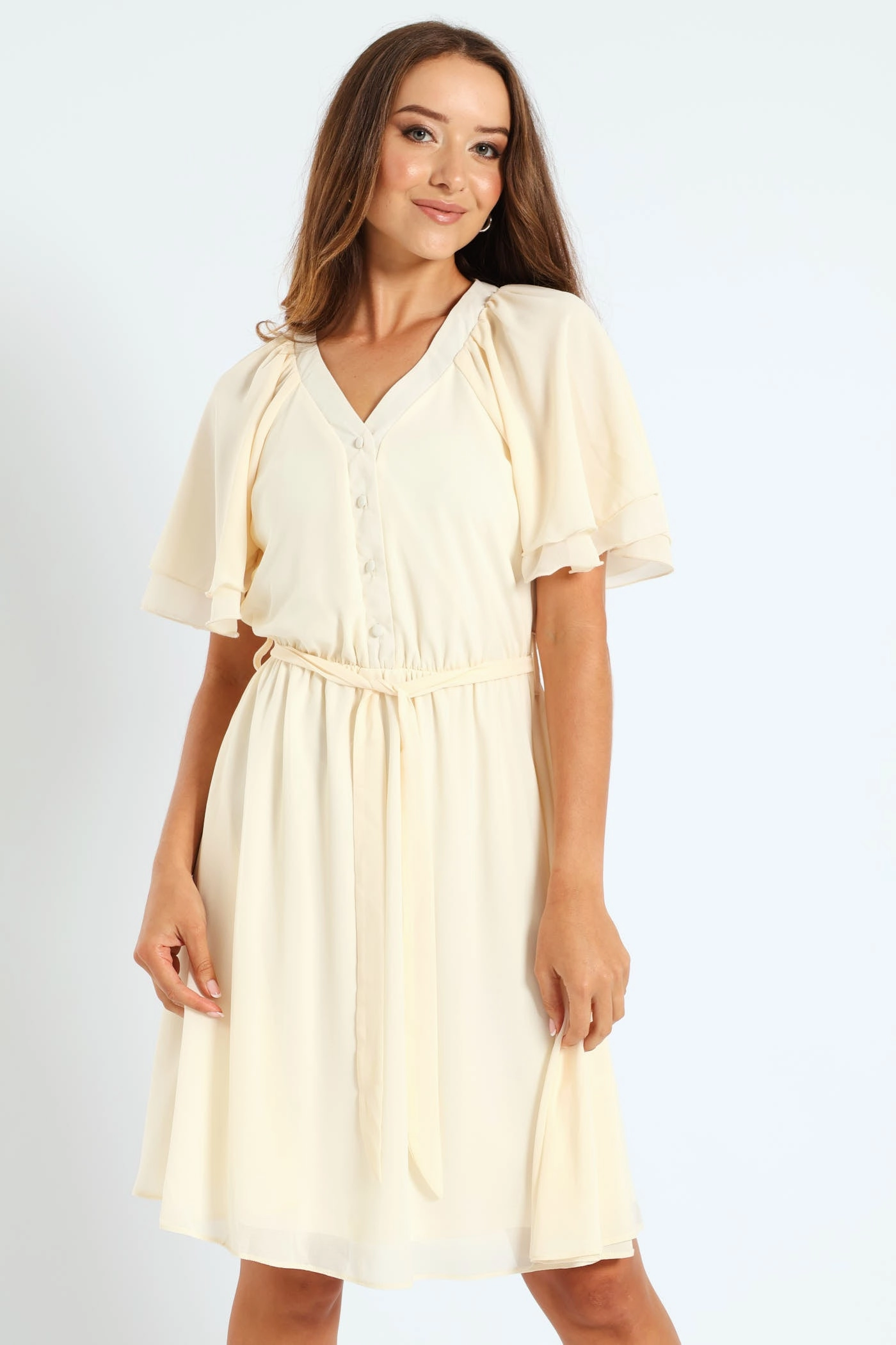 Fashion subscription services V-Neck Flutter Sleeve Belted Tea Dress - Cream Denim - based fashion
