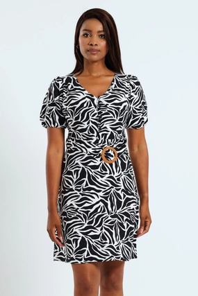 Fashion for all ages Bubble Sleeve V-Neck Belted Mini Dress - Black/White Modern fashion