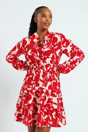 Fashion for all ages Mandarin Collar Waisted Tiered Mini Dress With Tie Front - White/Red Fashion accessories