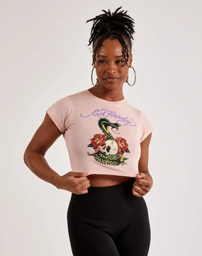 Fashion-forward items Ed Hardy Rhinestone Rose Cobra Baby Tee Silk - fabric fashion