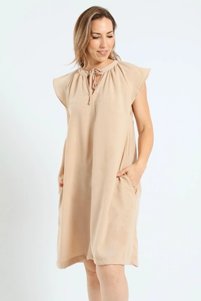 Fashion-forward items Raglan Flutter Sleeve Neck Tie Detail Mini Dress - Latte Classic fashion pieces