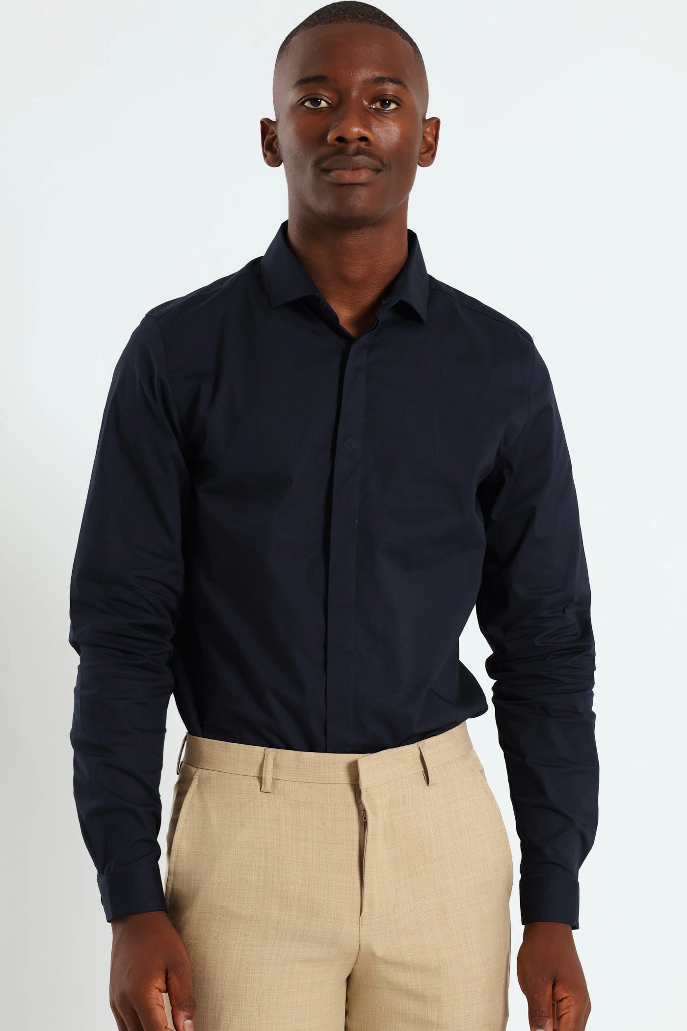 Ethical fashion choices Stretch Concealed Placket Shirt - Navy Vintage - inspired fashion