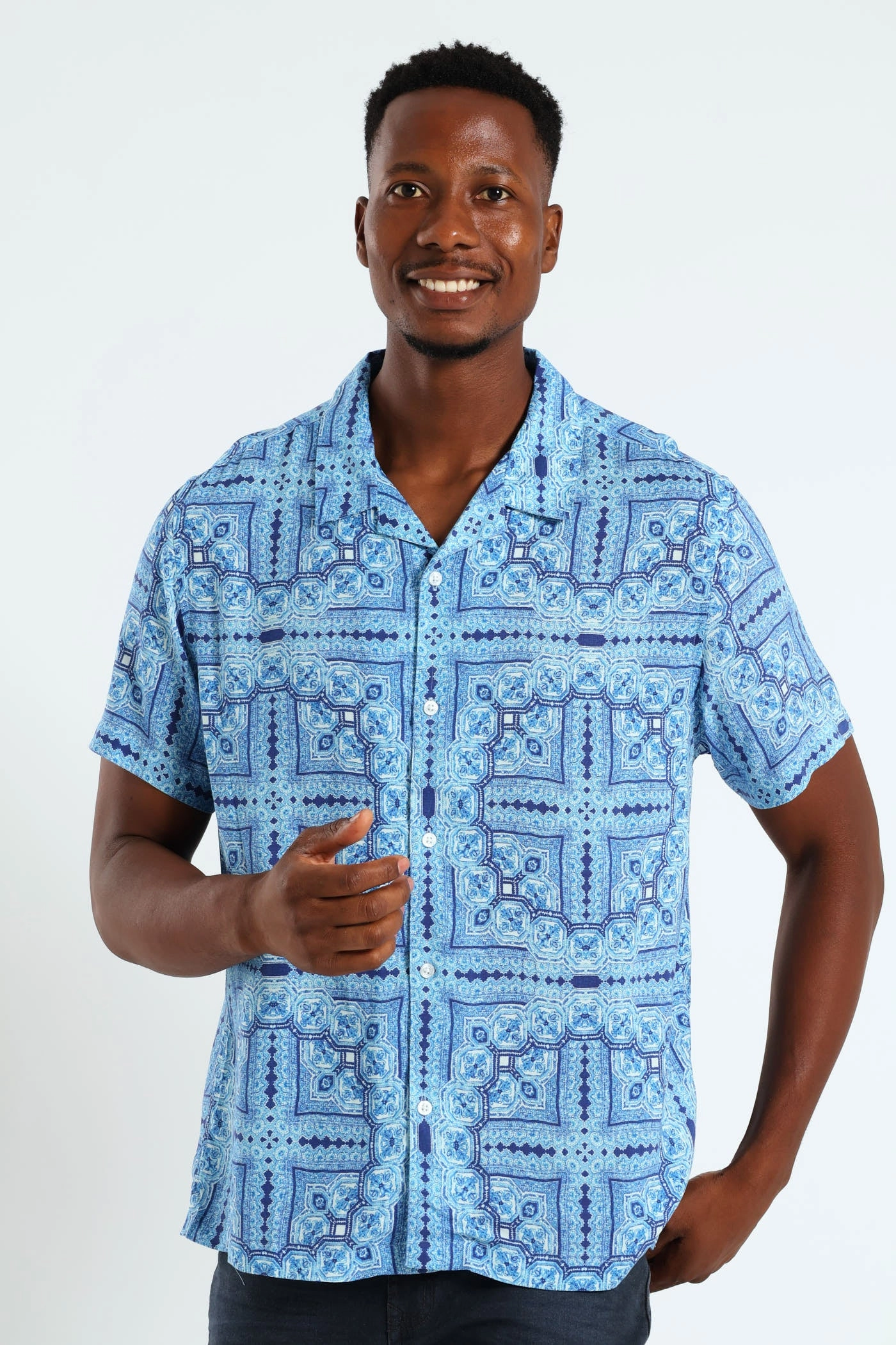 Nylon - included fashion Eco Rayon Tile Shirt - Blue Workwear options