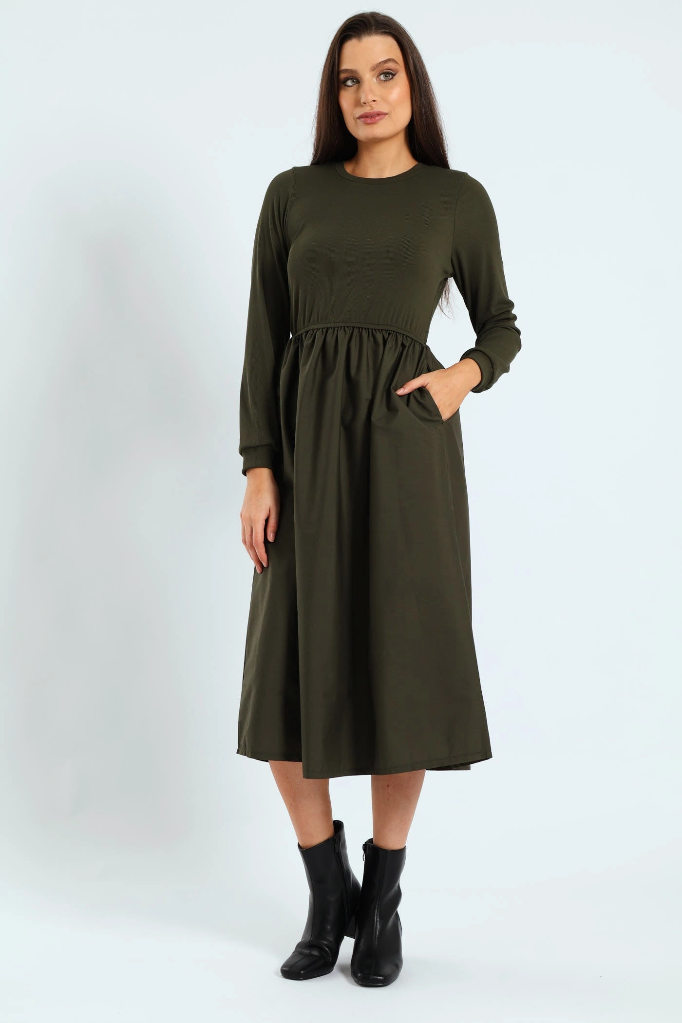 Long Sleeve Rib Combo Midi Dress - Dark Fatigue Designer fashion items Evening wear