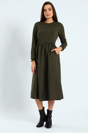 Fashion labels Long Sleeve Rib Combo Midi Dress - Dark Fatigue Fashion for all ages