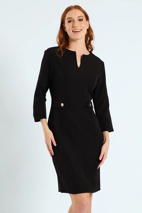 Fashion labels Notch Neck Work Pencil Dress - Black Wool - sourced fashion
