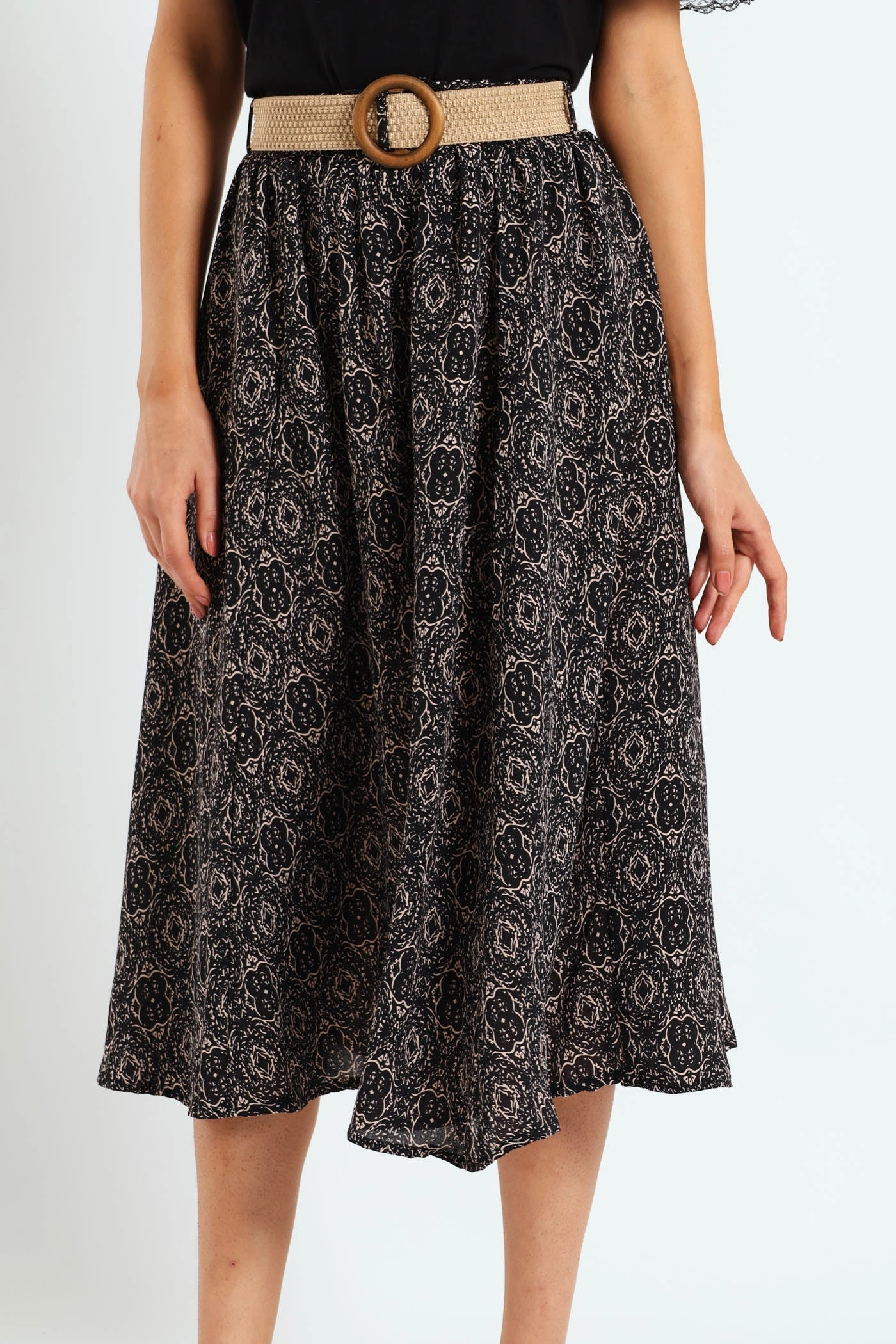 Street fashion Rafia Belted Pleated Midi Skirt - Black/Beige Online fashion shopping