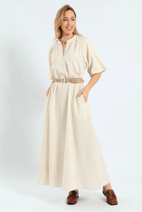 Fashion museums Bubble Sleeve Half Placket Raffia Belt Midaxi Dress - Oatmeal Melange Cotton - made fashion