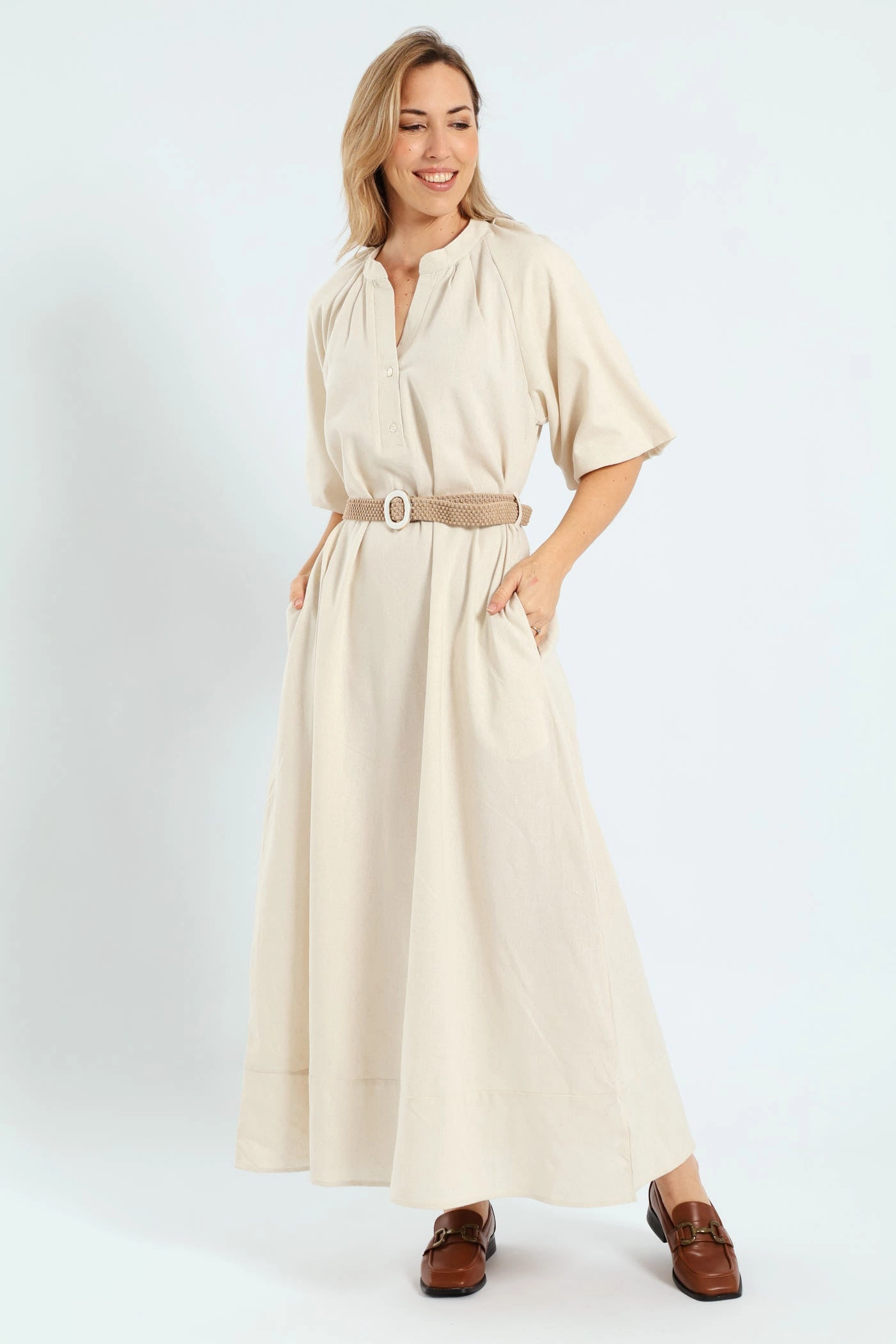 Smart casual wear Bubble Sleeve Half Placket Raffia Belt Midaxi Dress - Oatmeal Melange Fashion museums