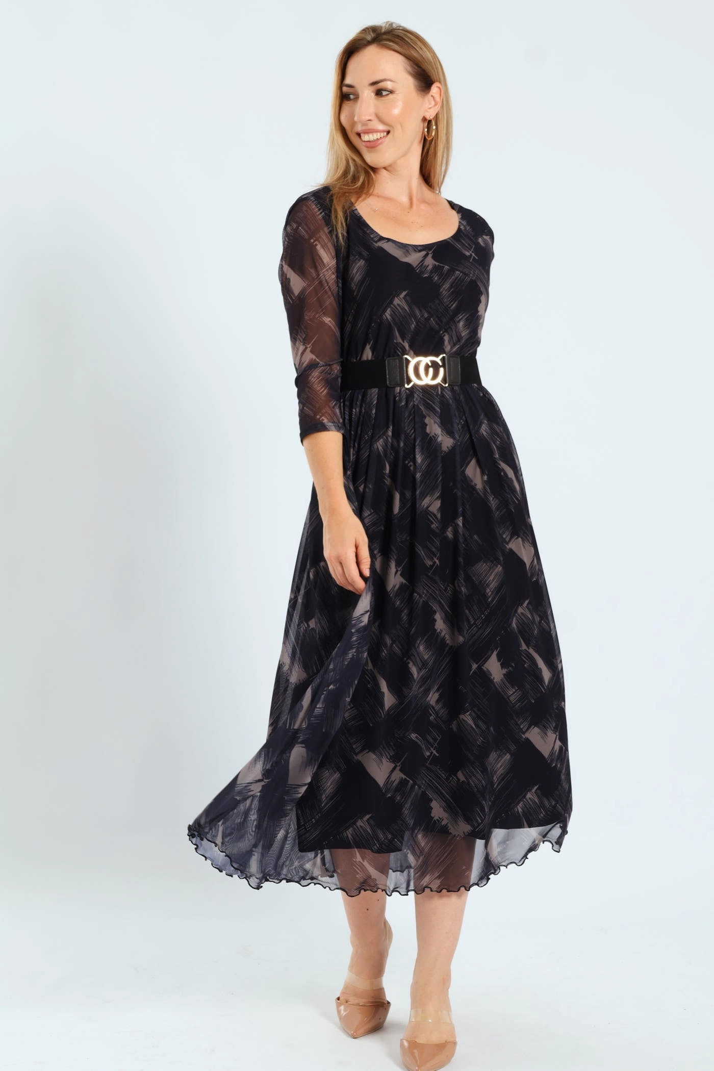 Pleated Belt Mesh Maxi Dress Spandex - incorporated fashion Casual wear options