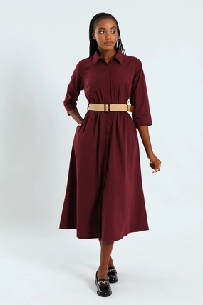 Fashion on sale 3/4 Sleeve Belted Midi Shirt Dress - Burgundy Ethical fashion choices